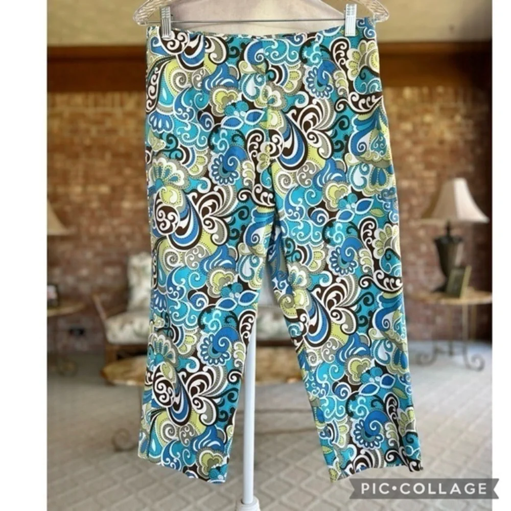 Boston Proper Blue Teal Paisley Cropped Capri Pants Retro Fits a Small